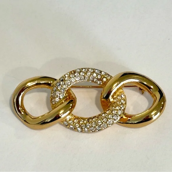 Vintage Christian Dior Triple Loop Rings Gold tone Brooch Rhinestone Pave - Picture 1 of 9
